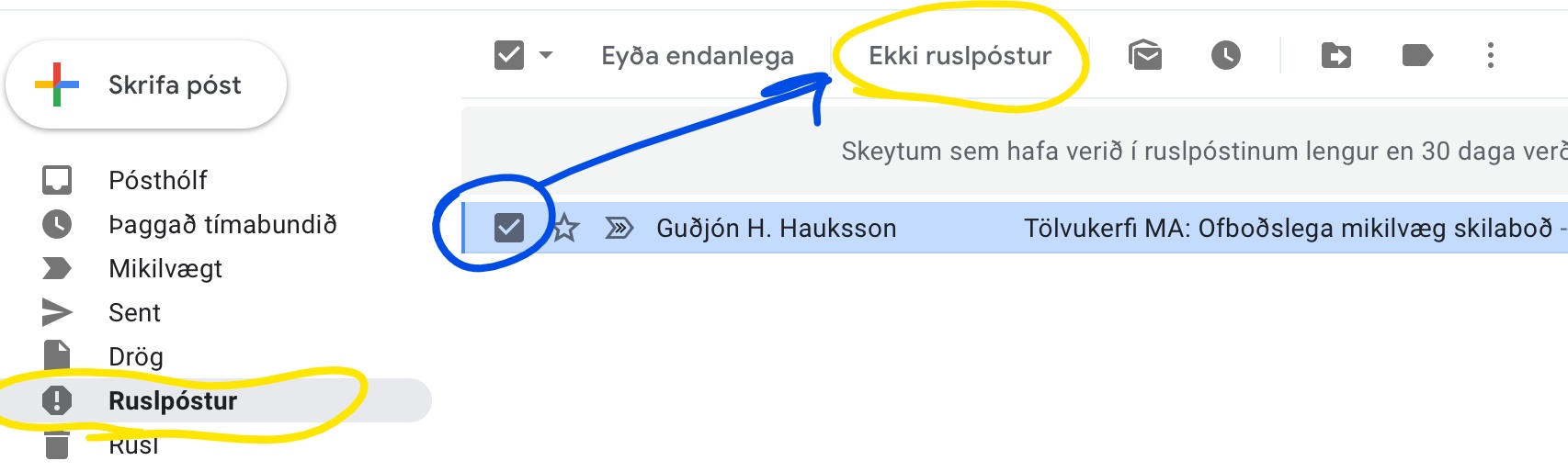 Ruslpóstur skilgreindur sem öruggur í Gmail