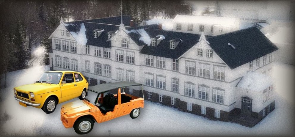 FÍAT og Citroen Méhari í sumarlitum veturinn 1974-1975. Myndin er samsett