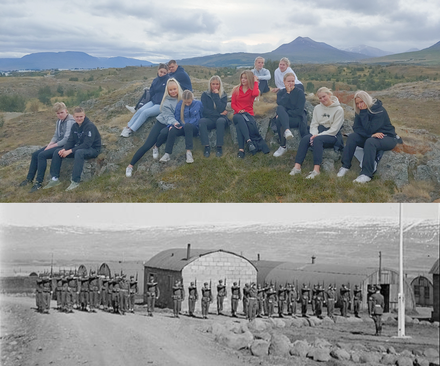 Nemendur í Krossanesborgum á slóðum setuliðsmanna (efri) og setuliðsmenn í braggahverfi í Lögmannshl&hellip;