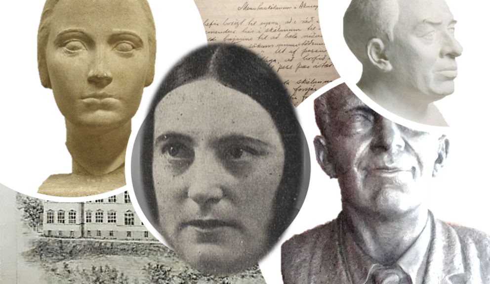 Samsett mynd. Fyrir miðju er mynd af Gunnfríði Jónsdóttur. Hún er umkringd höggmyndum af Margréti Ei…