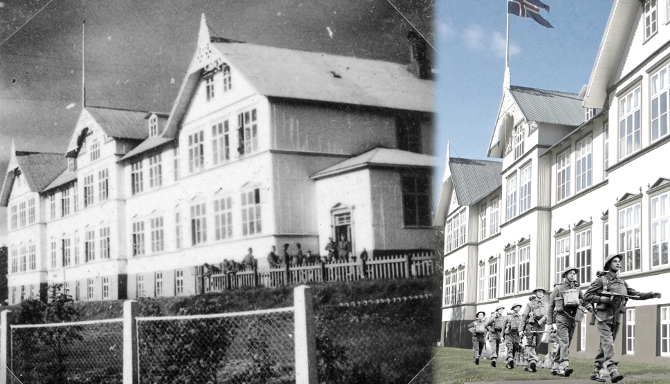 Svarthvíta myndin til vinstri af breskum hermönnum fyrir utan Gamla skóla barst Minjasafninu að gjöf&hellip;