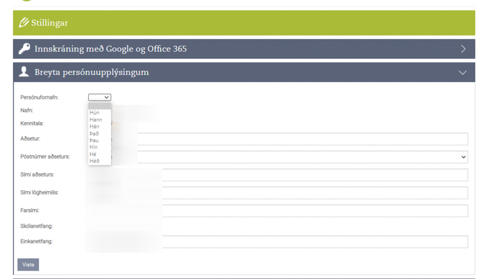 Viltu að það komi fram á Innu hvaða fornöfn þú notar?