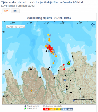 Jarðskjálftar síðustu 48 klst. 22. feb. 2018