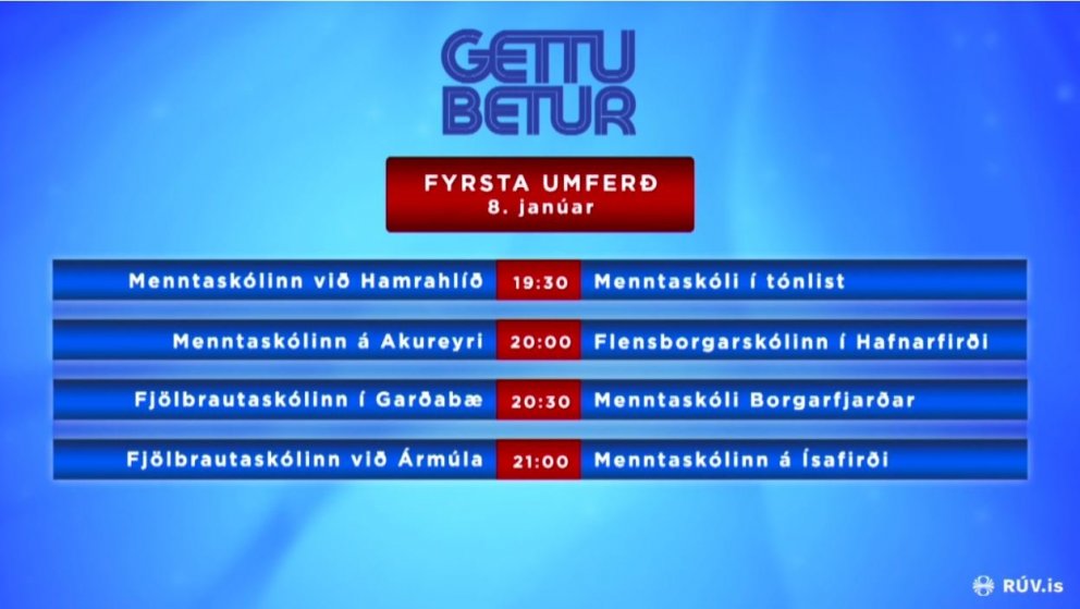 Fyrsta umferð Gettu betur fer fram dagana 6.-8. janúar 2020. Mynd: skjáskot RÚV