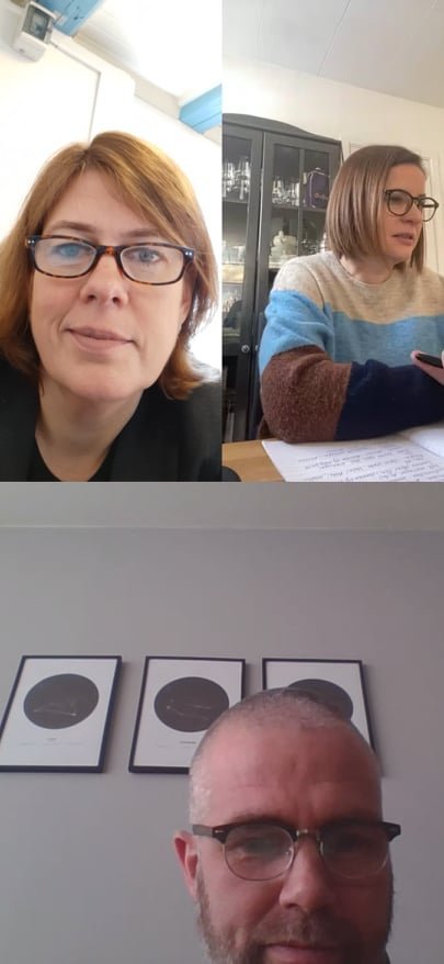 Heimir, Lena og Kristín Elva funda rafrænt og vinna heima eins og svo margir þessa dagana