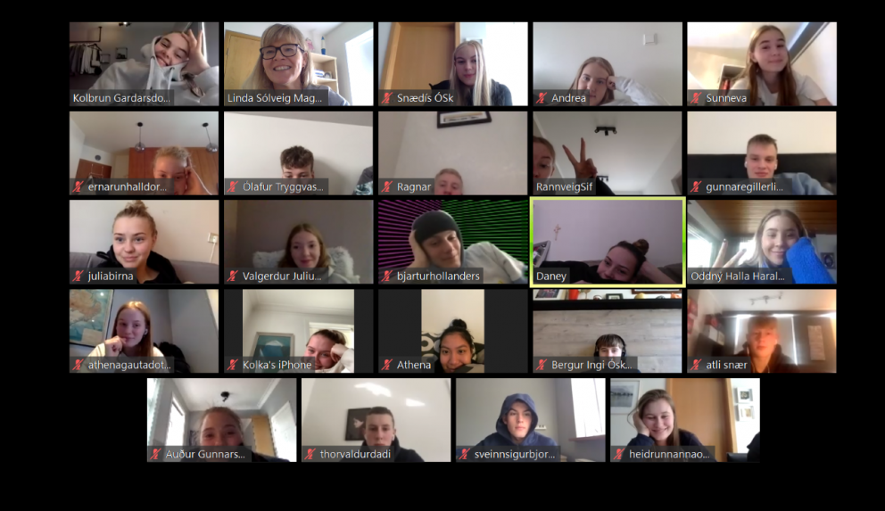 Linda og nemendur hennar ræða saman í gegnum tölvuskjáinn