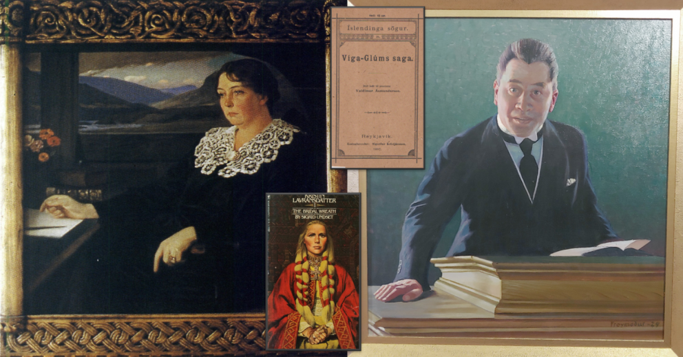 Tvö málverk af Sigrid Undset og Sigurði Guðmundssyni. Myndin er samsett.