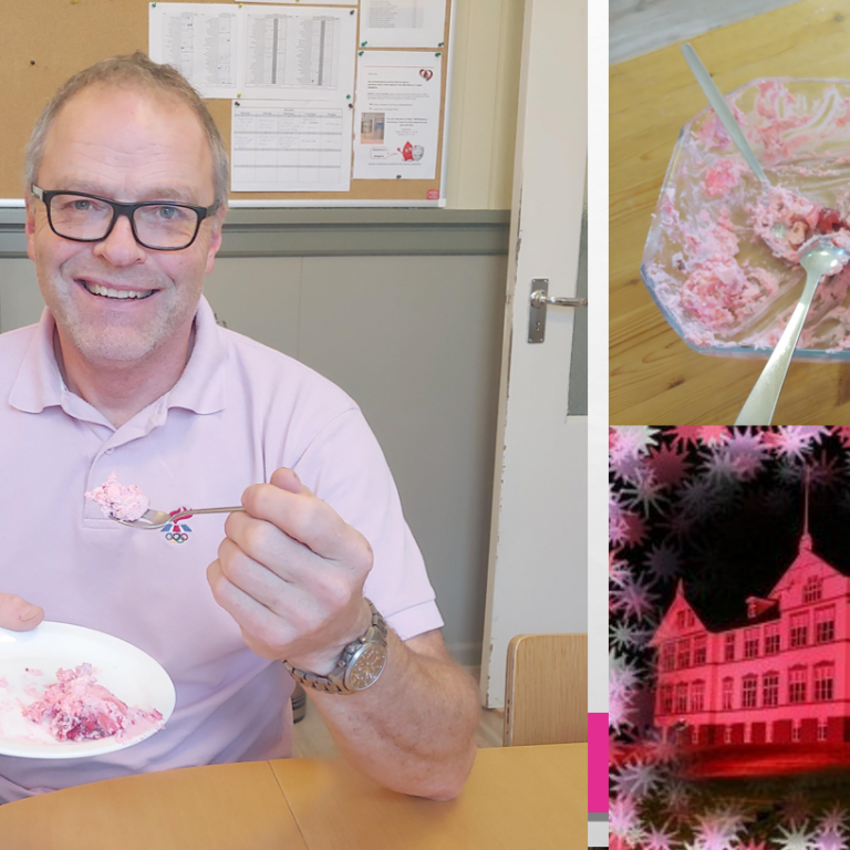 Unnar Vilhjálmsson íþróttakennari gæðir sér á veitingum í boði Ágústínu Gunnarsdóttur enskukennara