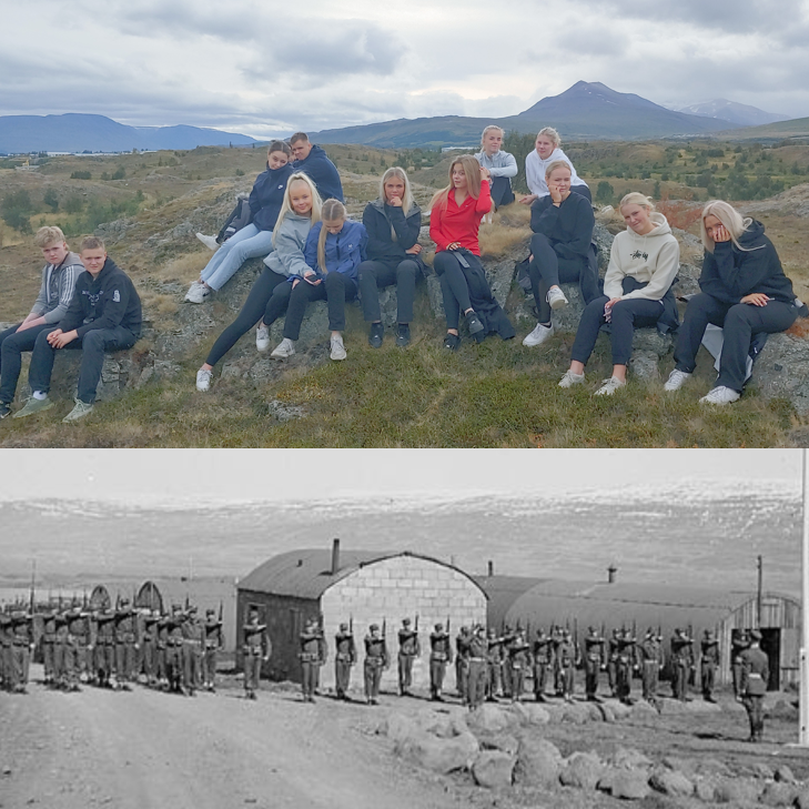 Nemendur í Krossanesborgum á slóðum setuliðsmanna (efri) og setuliðsmenn í braggahverfi í Lögmannshl&hellip;