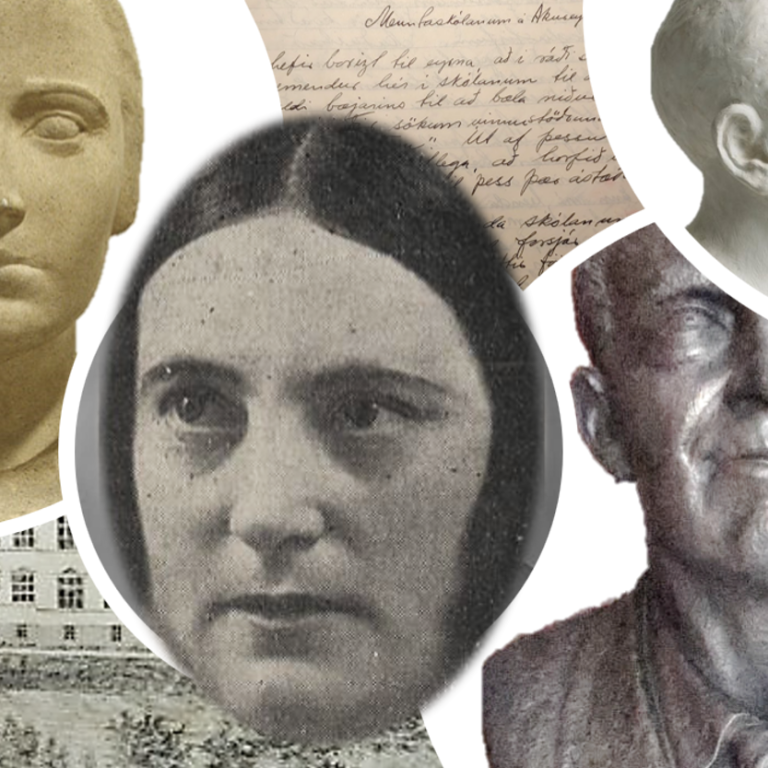 Samsett mynd. Fyrir miðju er mynd af Gunnfríði Jónsdóttur. Hún er umkringd höggmyndum af Margréti Ei…