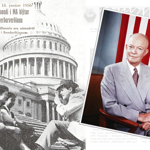 Anna Katrín situr fyrir á mynd ásamt skólafélögum sínum í Washington 1956. Hún er lengst til vinstri&hellip;