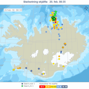 Skjálftakort 20. febrúar 2018 af vedur.is
