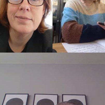 Heimir, Lena og Kristín Elva funda rafrænt og vinna heima eins og svo margir þessa dagana