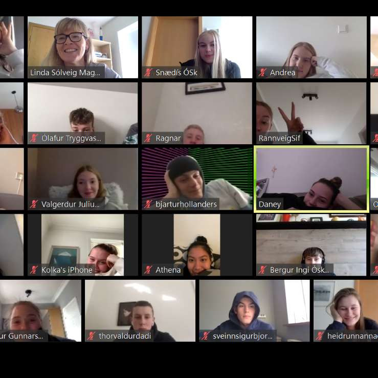 Linda og nemendur hennar ræða saman í gegnum tölvuskjáinn
