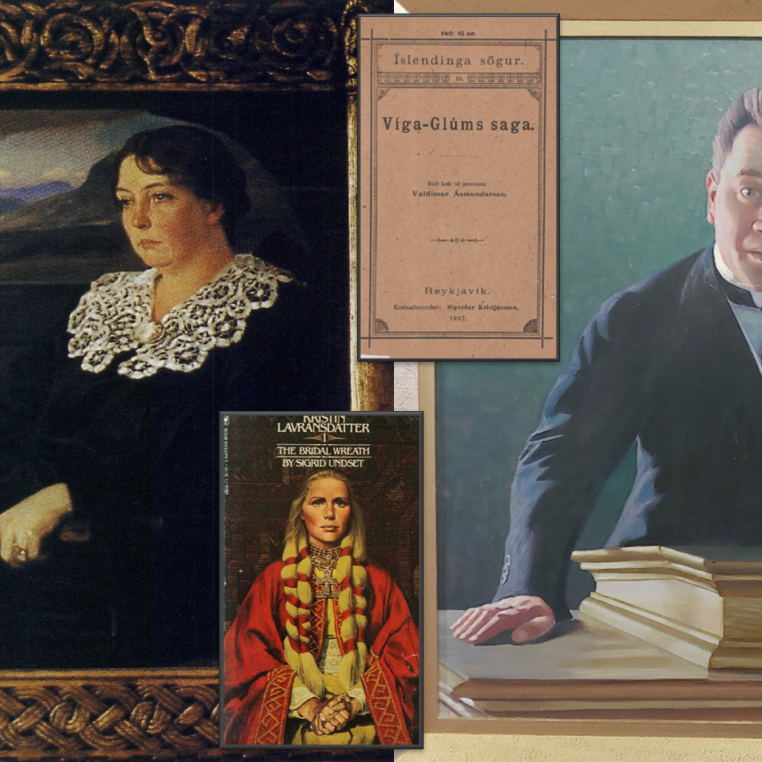 Tvö málverk af Sigrid Undset og Sigurði Guðmundssyni. Myndin er samsett.